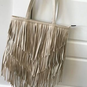 Faux Leather Tassel Shoulder Bag Purse Ivory Cream